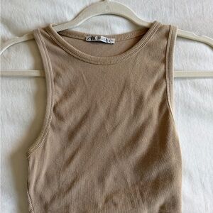 Zara Taupe Ribbed Crewneck Tank Top